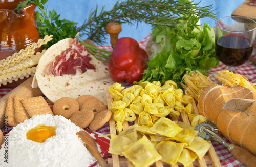 pasta, egg, flour, biscuits, vegetables, wine