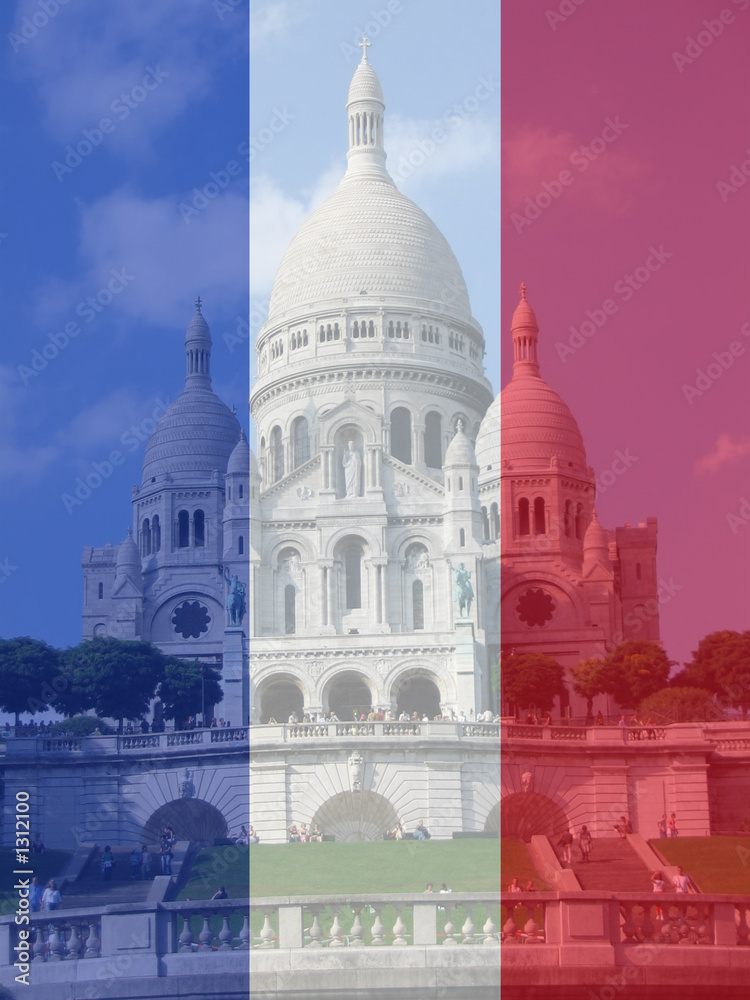 basilica of sacre coeur, montmartre and french flag