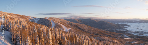 panorama of ski slopes at winter
