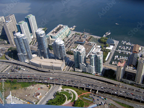 view from toronto cn tower on waterfront and lakes