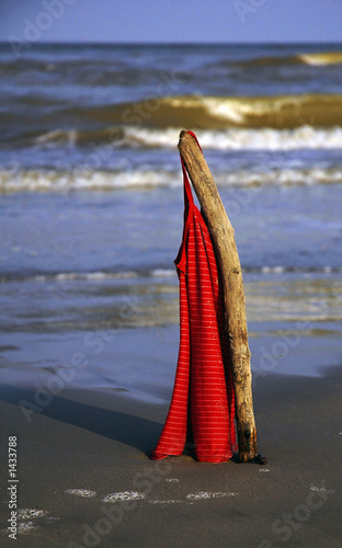 red woman t-shirt at the beach photo