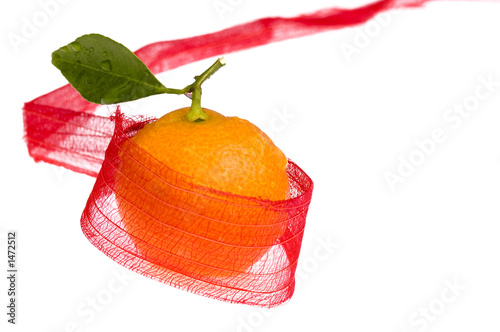 sweet in red bow. orange fruit photo