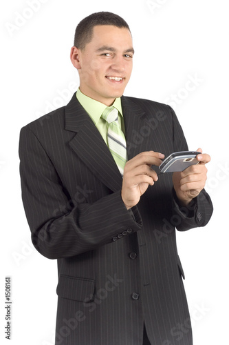 happy businessman with palmtop / mobile