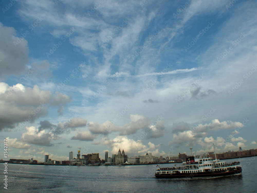 mersey ferry with liverpool sky line