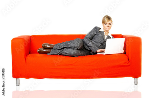 woman on red couch