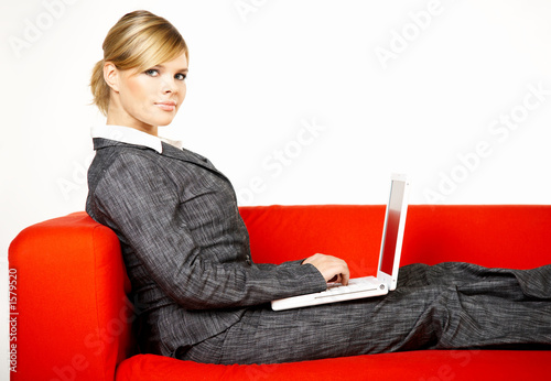 woman on red couch