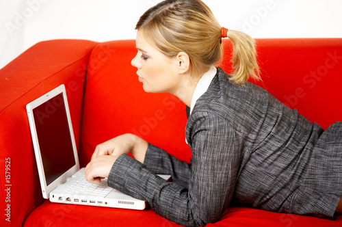 woman on red couch