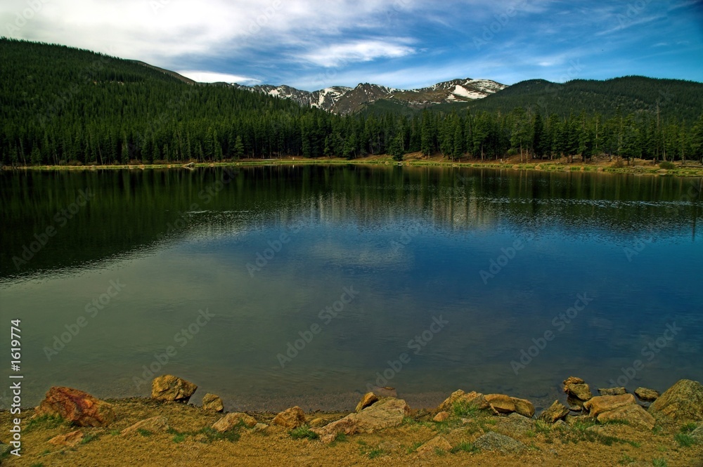 colorado mountains and lake with blue sky