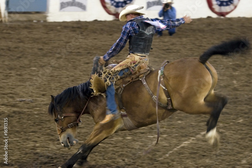 Cowboy riding horse during rodeo show