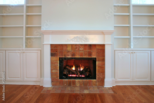 Canvas Print lit fireplace with built in bookshelves