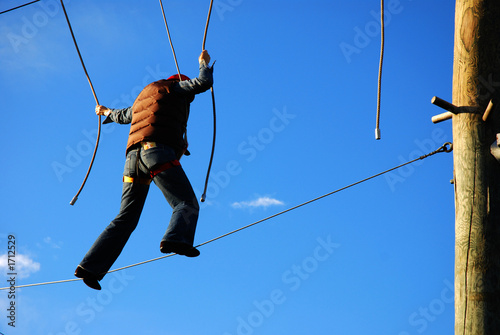 courageous woman standing on a steel wire