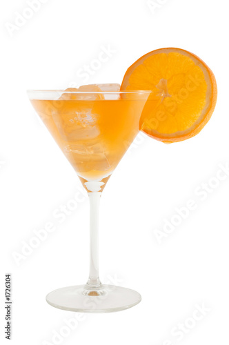 orange cocktail with slice of orange and ice cubs