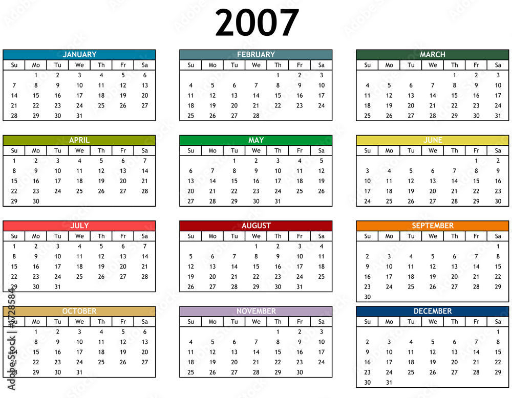 2007 calendar (su mo ... fr sa) Stock Illustration | Adobe Stock
