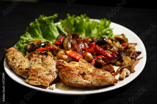 pan fried chicken with roasted vegetables