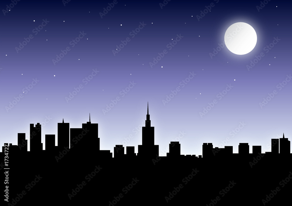Warschau bei Nacht, Warschau Skyline bei Mondschein und Sternenhimmel