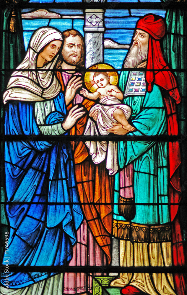 stained glass window of  baby jesus / 3 wise men