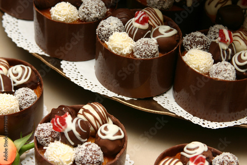 tower of wedding miniature desserts.