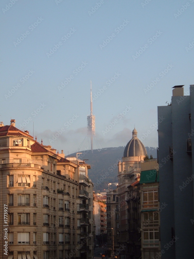 barcelona communications tower at dusk