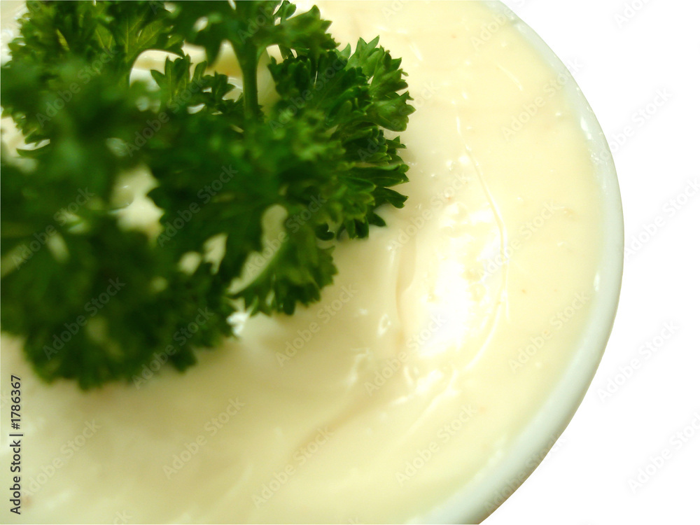 mayonnaise in sauce-boat with curly parsley twig mayonnaise in sauce-boat with curly parsley twig