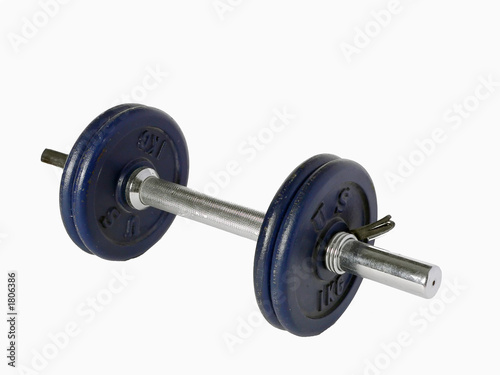 close up view of a blue dumbbell isolated on a white background