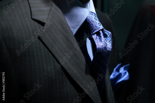 striped jacket with blue shirt, tie & handkerchief