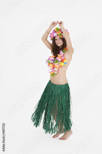 teenage girl dressed as hula girl