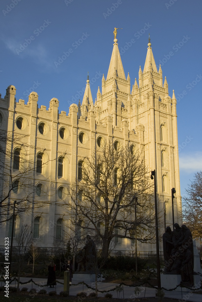 salt lake temple east spires from south at dusk