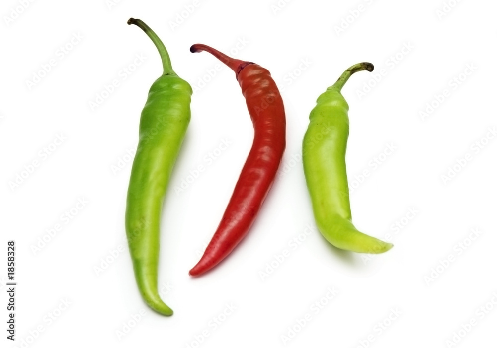 red and green chili peppers isolated on white
