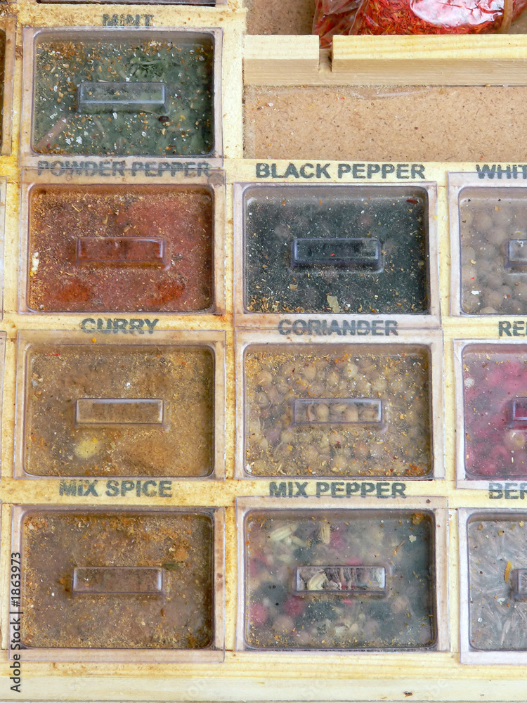 spices on a wooden box