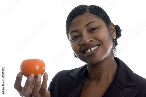 smiling woman with tangerine