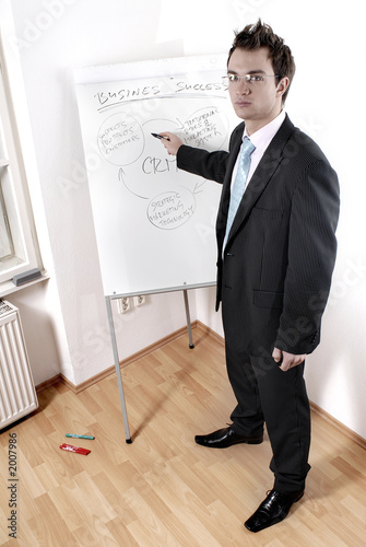 Young man drawing flip chart at board table