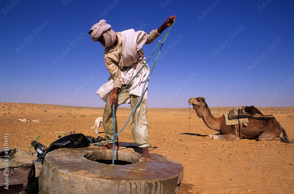 un nomade puise de l'eau d'un puits au sahara - obrazy, fototapety, plakaty 