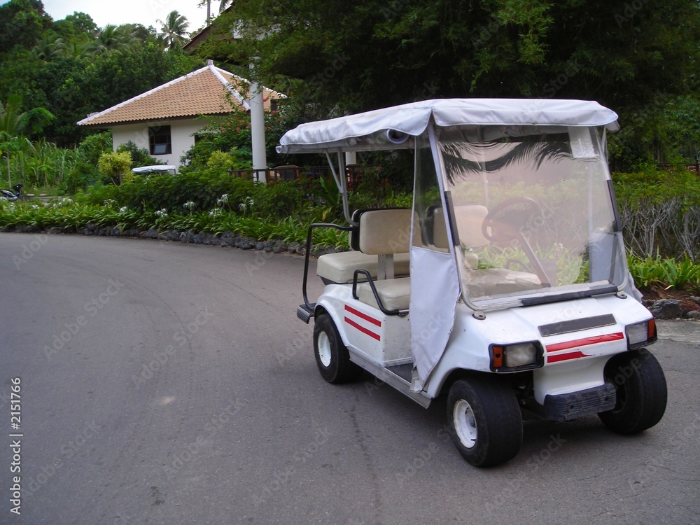 parked golf buggy with copyspace