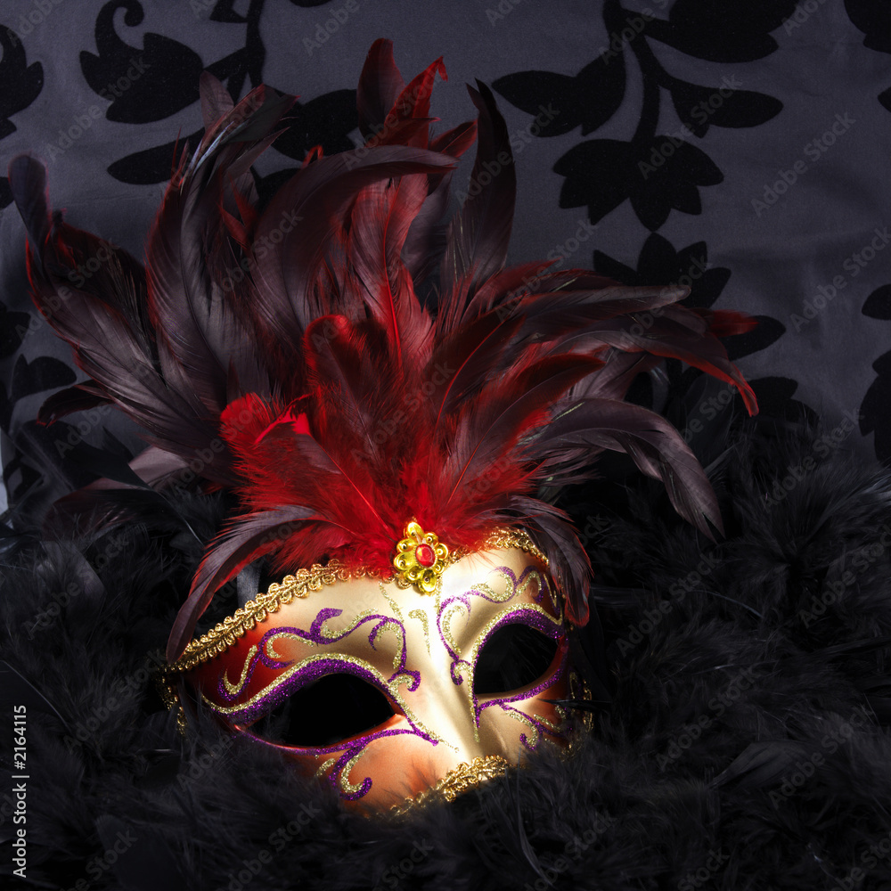red and golden mask with black feathers (venice)