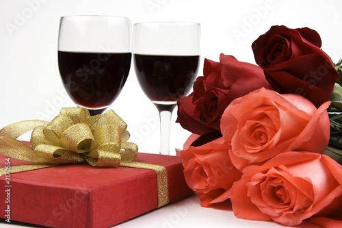 roses with present and wine