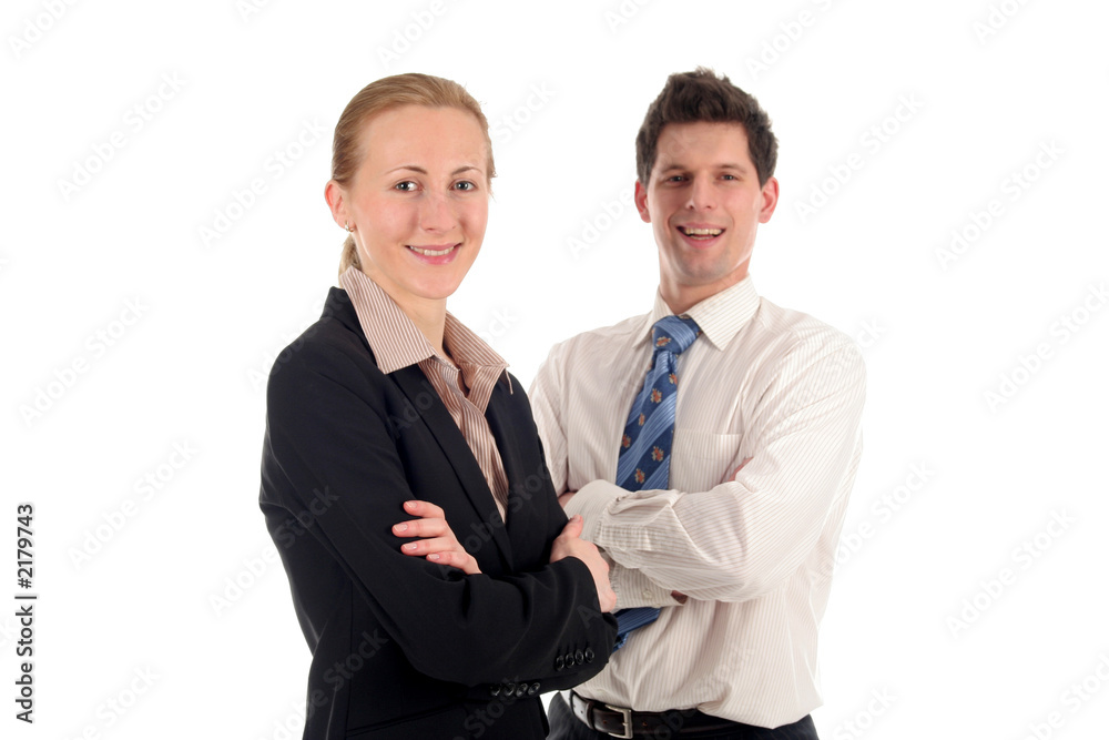 businesswoman and businessman, smiling businesswoman and businessman, smiling