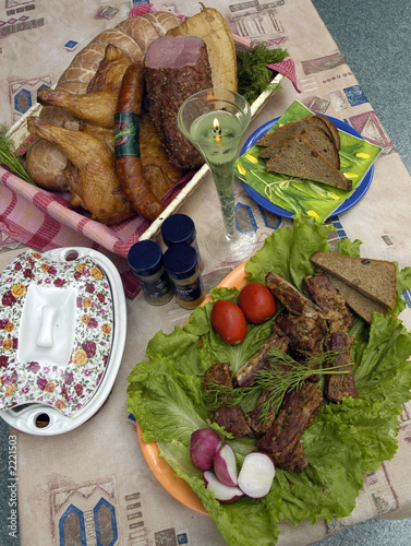 collage: smoked meat, bread, chicken and vegetable photo