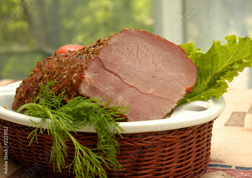 collage: smoked meat, bread, chicken and vegetable