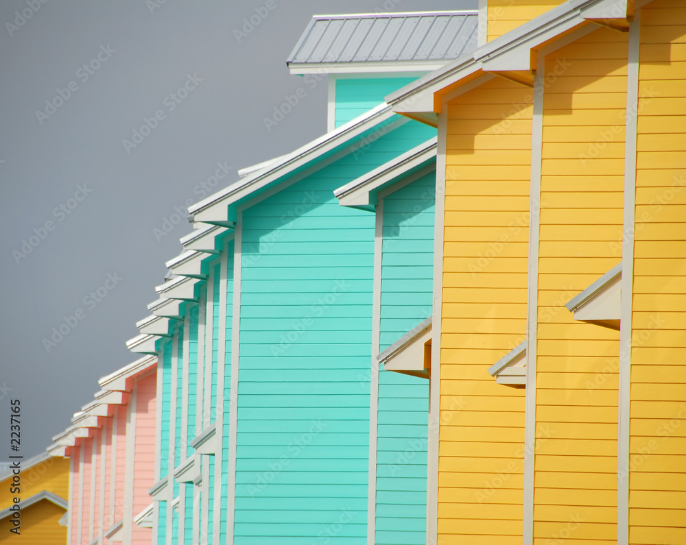 brightly colored beach resort homes