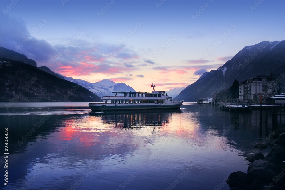 evening boat at the swiss lake evening boat at the swiss lake