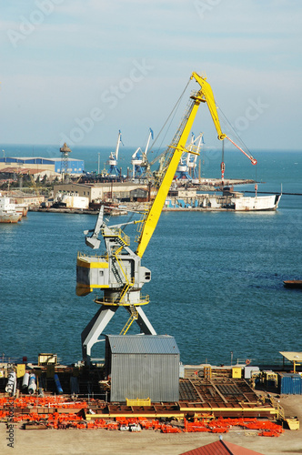 industrial port with cranes in baku, azerbaijan photo