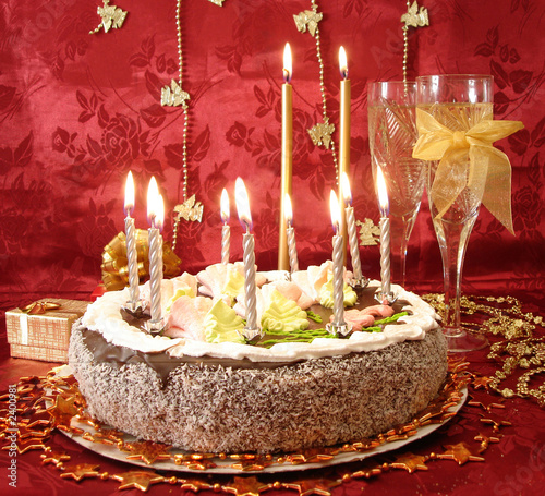 Canvas Print celebratory table (cake and candles, two glasses with champagne,