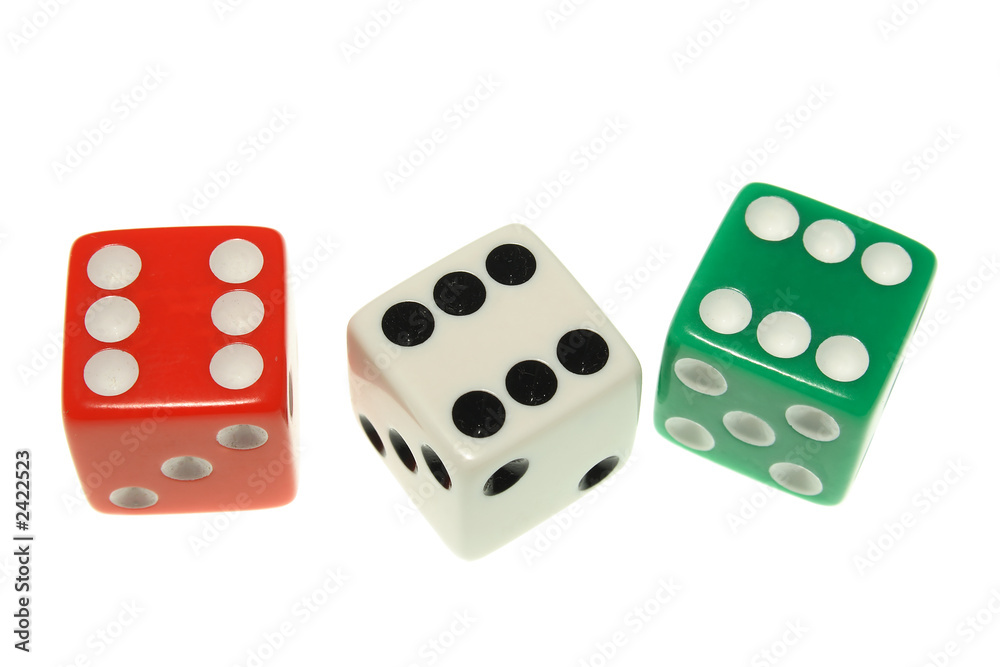 three sixes, dice isolated on a white background.