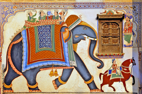 india, mandawa: colourful frescoes  on the walls