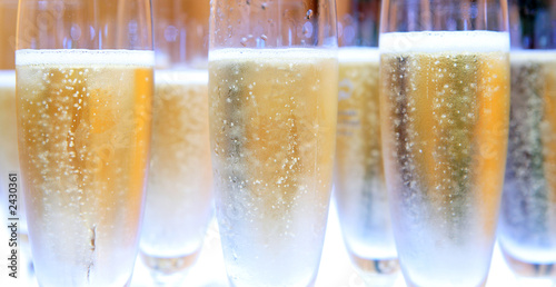 group of champagne glasses filled with bubbles