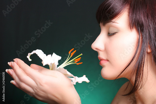 brunette with white lily flowers