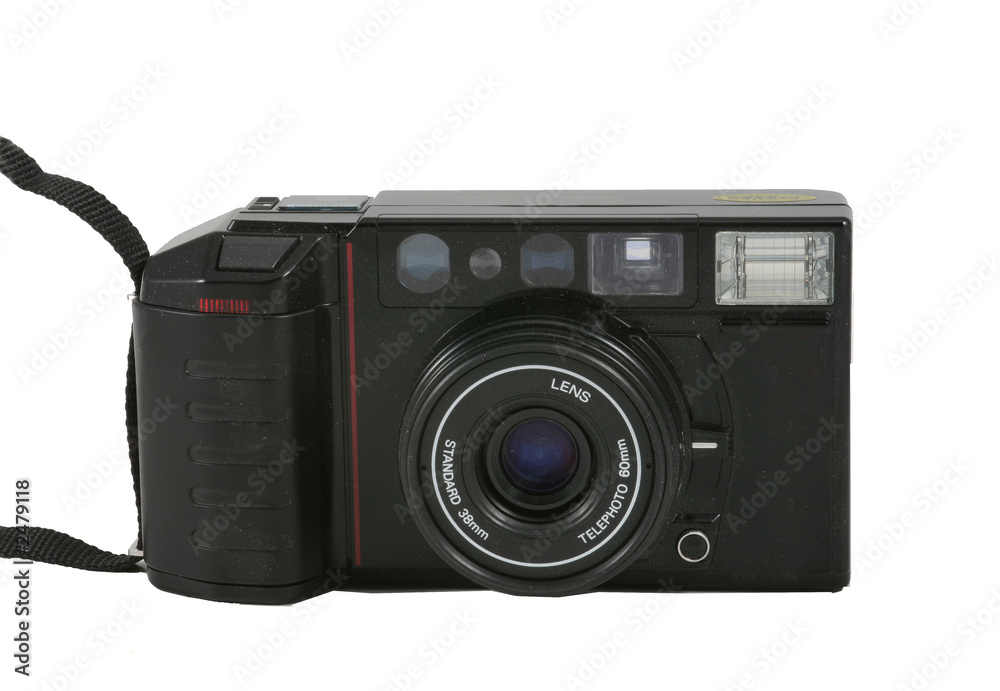 black automatic film camera on a white background