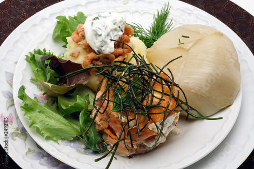 smoked salmon with creamy cheese, mashed potatoes, photo