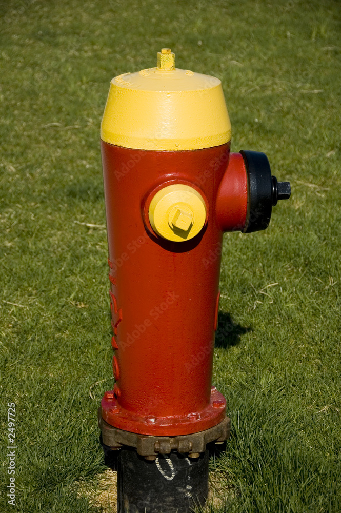 red and yellow hydrant on a suburban street red and yellow hydrant on a suburban street