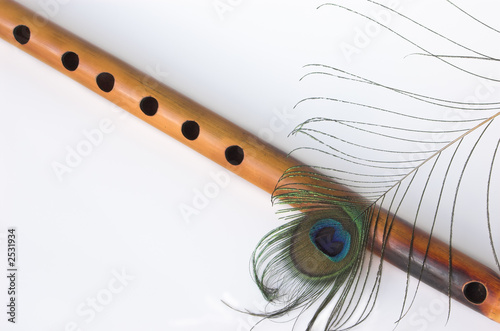 Canvas Print asian bamboo flute and peacock feather